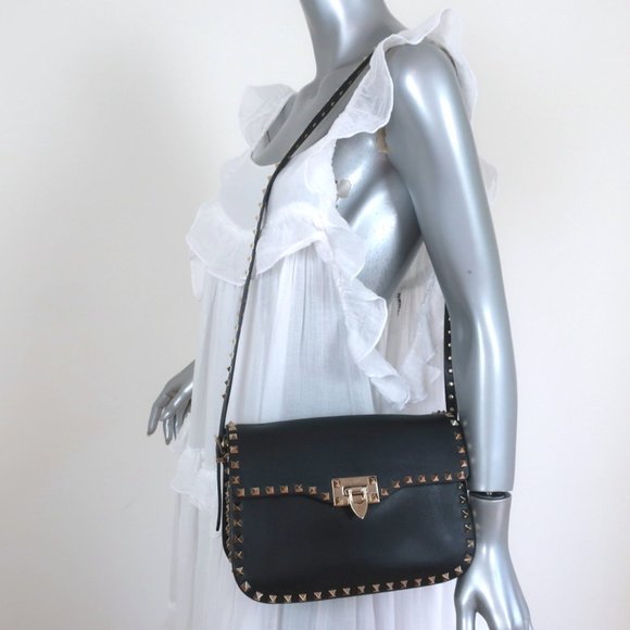 Valentino Handbags - VALENTINO ROCKSTUD FLAP SHOULDER BAG BLACK LEATHER